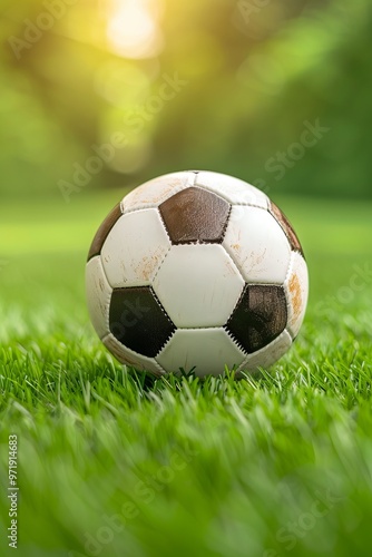 A close-up of a soccer ball on green grass with a blurred background, perfect for sports, training, and outdoor activity themes.