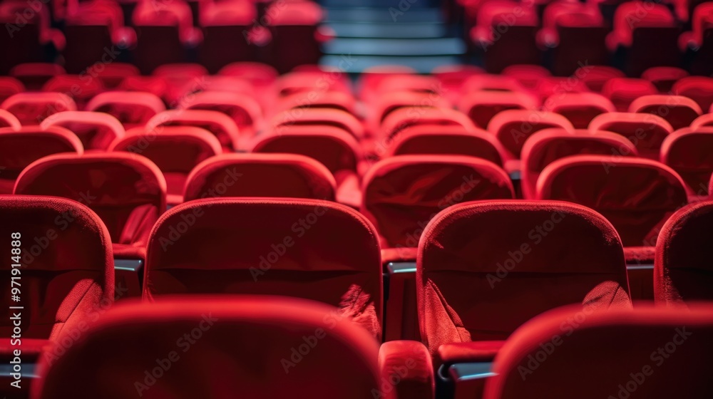 Fototapeta premium Empty red theater seats on an indoor stage. Red seats in an empty auditorium. Concept of audience and performance.