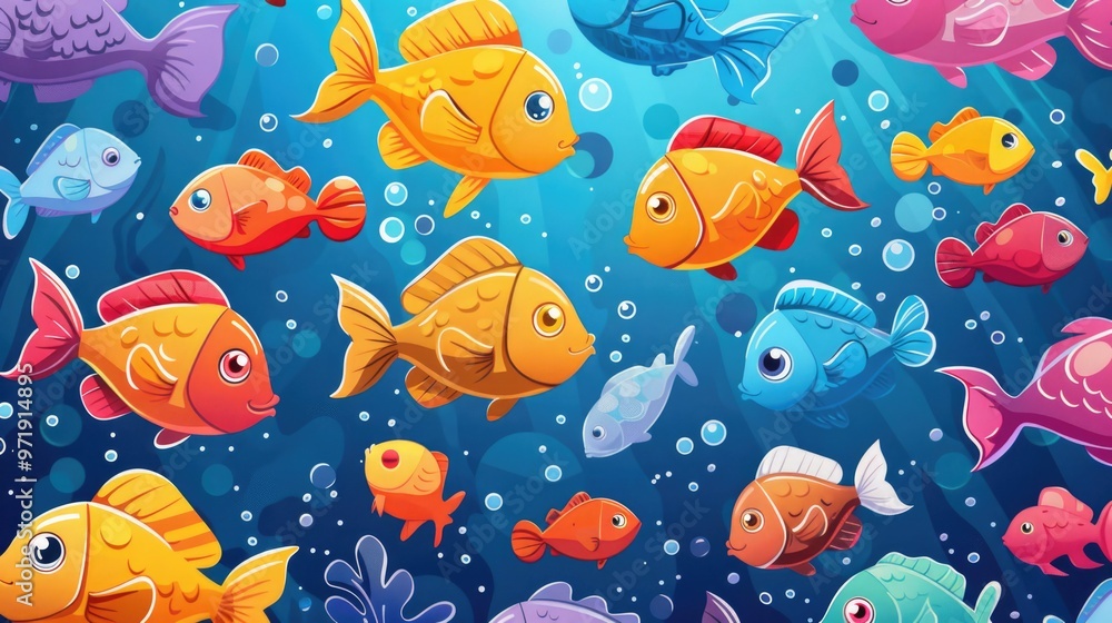 Naklejka premium Many colorful cartoon fish swimming together, ideal for underwater-themed backgrounds.