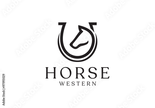 horse head with horseshoe logo design. linear style luxury icon vector