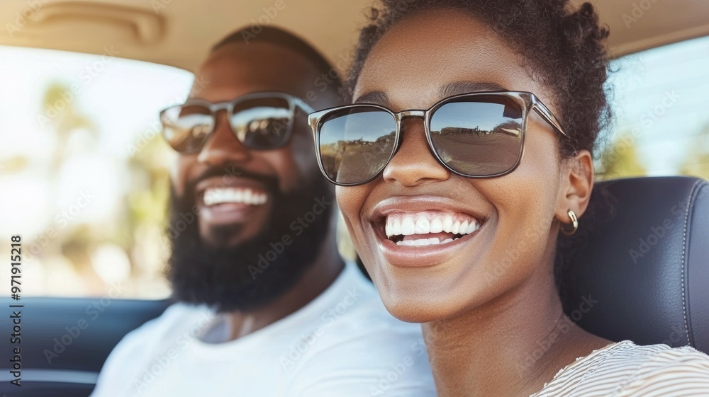 A man and woman are smiling and wearing sunglasses A man and woman are smiling and wearing sunglasses