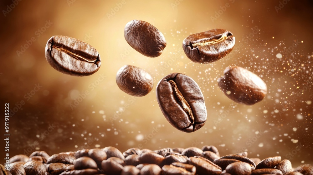 A close up of coffee beans with a few of them flying through the air A close up of coffee beans with a few of them flying through the air
