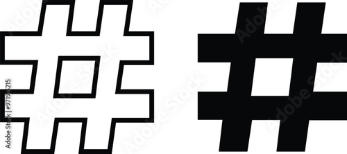 black and white cross 3D Hashtag symbol on social media notification. Comments thread mention or user reply. Follow trending tag
