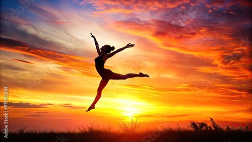 Silhouetted figure in mid-air, legs spread wide apart, capturing freedom and confidence, against a warm sunset background with vibrant orange and pink hues. photo