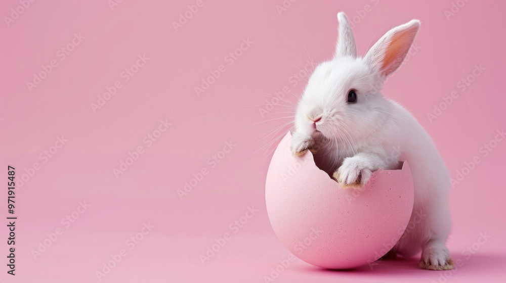 Adorable Easter bunny emerging from a pink egg on pastel background. Adorable Easter bunny emerging from a pink egg on pastel background.