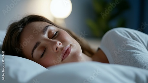 A woman is sleeping on a bed with a white pillow