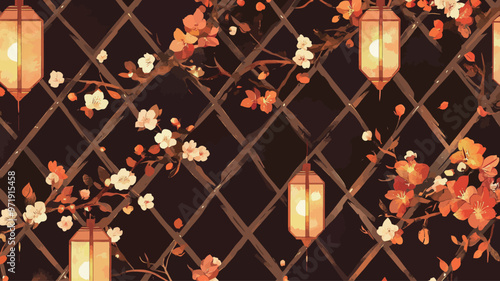 The background is a dark brown trellis decorated with orange lanterns and white flowers. These lanterns glow warmly

