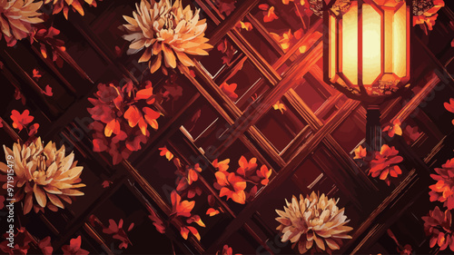 A classical lantern and a few orange flowers in full bloom. Overall tonal slant is dark, give a person a kind of warm and mysterious feeling.


