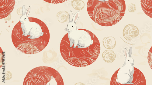 Color swirl pattern and several white rabbits. The rabbit sits on the circular Red Vortex, the whole picture gives a warm and harmonious feeling.

