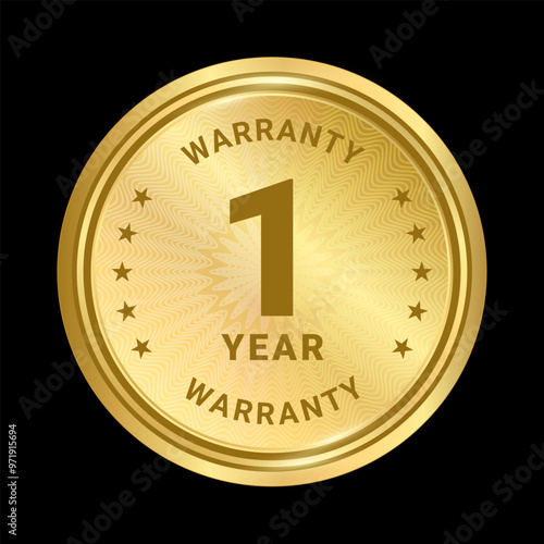 1 year Warranty label sticker, Gold round circle badge icons for Premium quality product guarantee 100 percent ,Realistic Golden vector design shiny for packaging design element