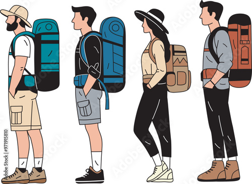 Hikers with backpacks. People travel with adventure luggage on backs. Men, women tourists, backpackers stand. Flat graphic vector illustrations isolated on white background. Side view
