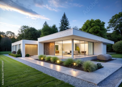 Sleek, modern, white, one-story dwelling with large windows, clean lines, sparse landscaping, and a serene natural backdrop, evoking a sense of simplicity and calm.