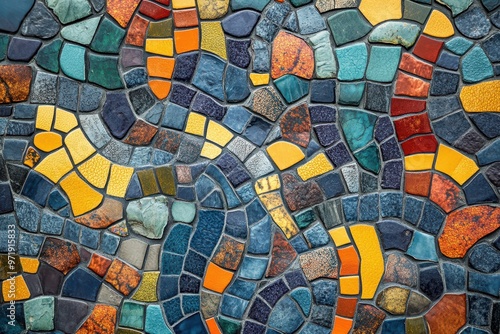 Colorful Mosaic Tile Wall with Irregular Shapes and Vibrant Hues