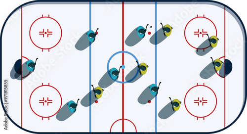 Aerial view of a hockey game in progress, with two teams facing off on the ice