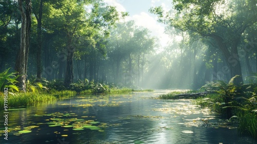 Serene forest landscape with a tranquil waterway and sunlight.