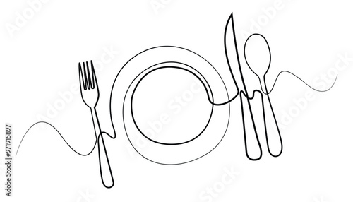continuous line art drawing of fork, plate, knife and spoon.minimalist one line cutlery drawing.single line vector illustration.