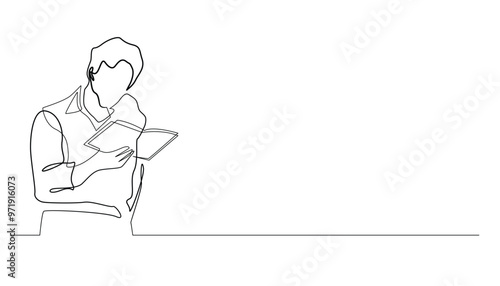 continuous line of young man reading a book.one line drawing reading a book seriously.single line vector illustration studying,reading news,reading a novel.isolated white background