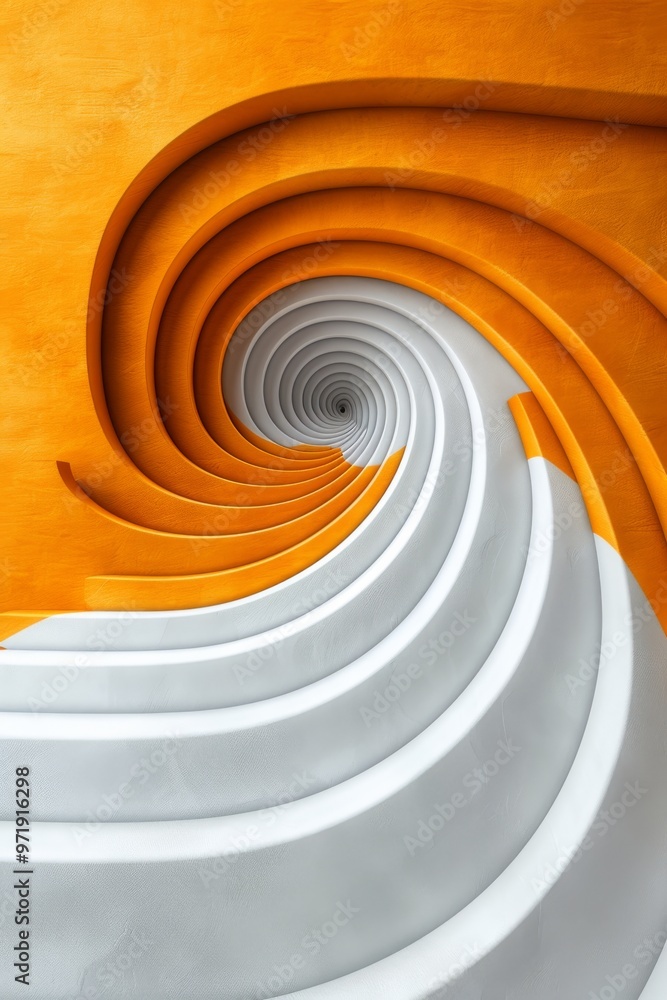Fototapeta premium Abstract spiral staircase with orange and white colors, creating captivating geometric patterns and a sense of depth.