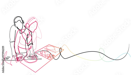 vector illustration of line art DJ music .minimalist line DJ playing music