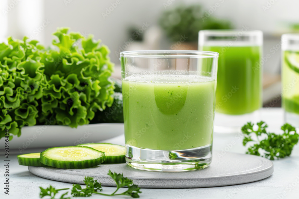 A glass of mustard vegetable juice, healthy drink vegan food A glass of mustard vegetable juice, healthy drink vegan food
