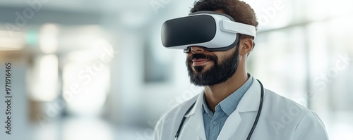 Doctor using virtual reality headset in a modern medical facility for immersive training and simulation photo