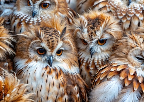 Soft, fluffy, and intricately patterned owl feathers display a mesmerizing combination of earthy browns, whites, and grays, with delicate barbs and gentle texture. photo