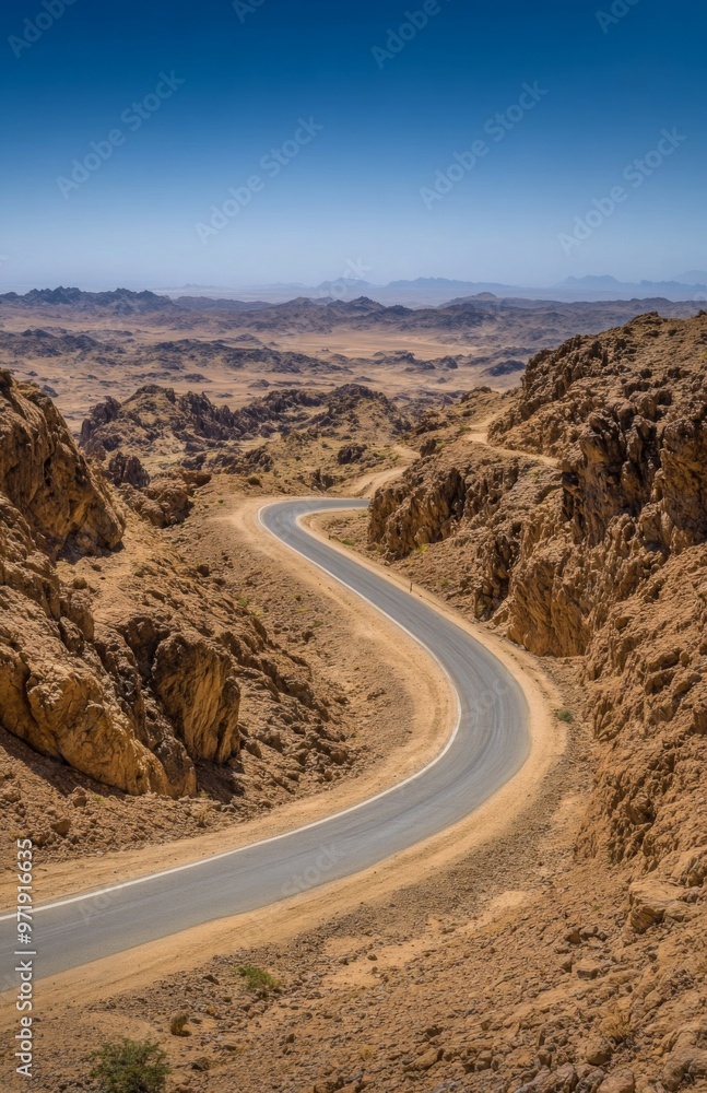 A long, winding road cutting through a desert landscape, with rocky hills and a clear blue sky stretching out into the horizon A long, winding road cutting through a desert landscape, with rocky hills and a clear blue sky stretching out into the horizon