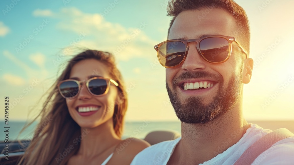A man and a woman are smiling and wearing sunglasses A man and a woman are smiling and wearing sunglasses