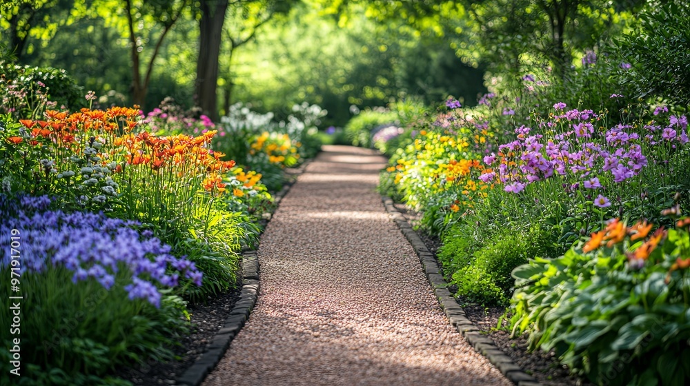 Fototapeta premium A Stone Path Lined with Vibrant Flowers in a Sunny Garden