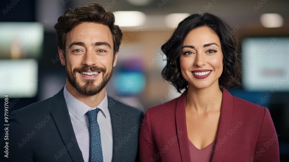 A man and woman, both smiling, pose together in a modern office setting, dressed professionally and appearing confident and approachable.. A man and woman, both smiling, pose together in a modern office setting, dressed professionally and appearing confident and approachable..