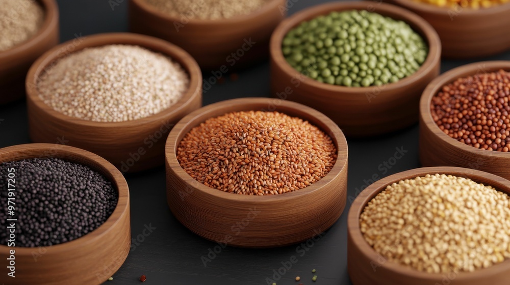 Close-up of wooden bowls filled with various types of seeds, showcasing an assortment of grains in different colors and textures. Close-up of wooden bowls filled with various types of seeds, showcasing an assortment of grains in different colors and textures.