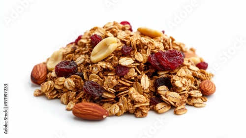 A close-up of granola mixed with dried fruits and nuts, showcasing a healthy breakfast option isolated on a white background.