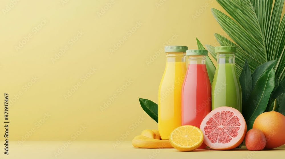 Fototapeta premium Three glass bottles of tropical fruit juices with citrus slices and green leaves on a yellow background, creating a vibrant, refreshing scene.