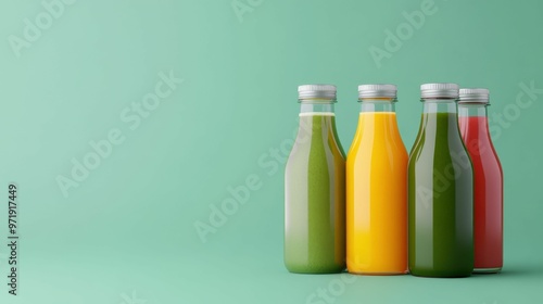 Four bottles of fresh juices in green, yellow, and red hues, displayed against a soft green background, emphasizing a healthy and refreshing drink concept..