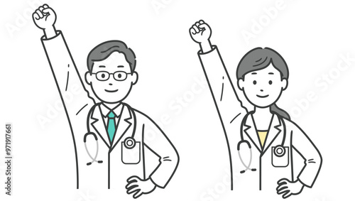 ガッツポーズをする医師男女の上半身イラスト
