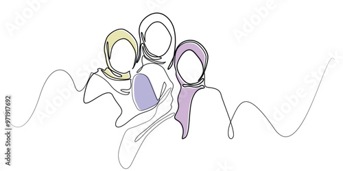 one line drawing portrait of muslim women friendship.line art group of muslim women.single line vector illustration