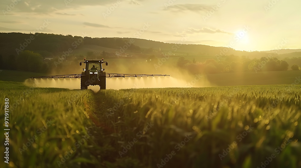 Fototapeta premium Tractor spraying pesticides on a green field.