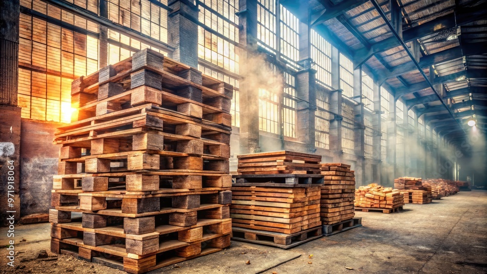 Stacked industrial brick pallets with worn wooden planks and rusty ...