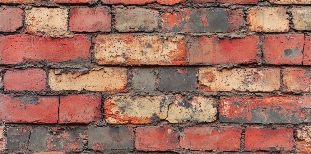 Weathered Red Brick Wall with Mortar and Flaking Paint Weathered Red Brick Wall with Mortar and Flaking Paint