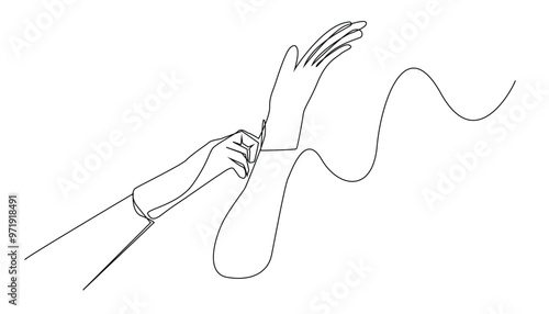 continuous line drawing of medical gloves.one line drawing of hand wearing medical gloves.single line vector illustration.isolated white background
