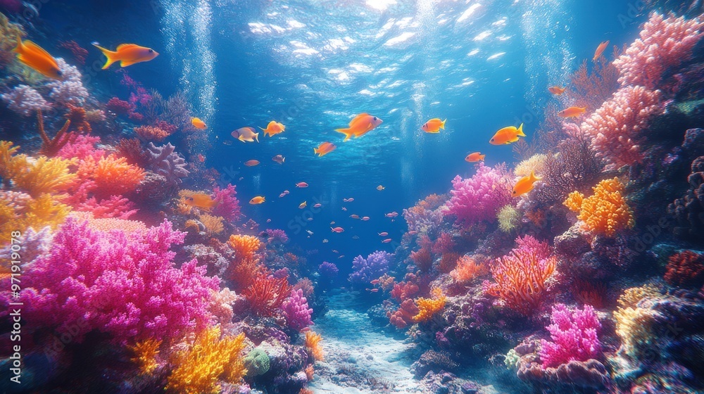 Fototapeta premium Vibrant underwater scene with colorful corals and fish.