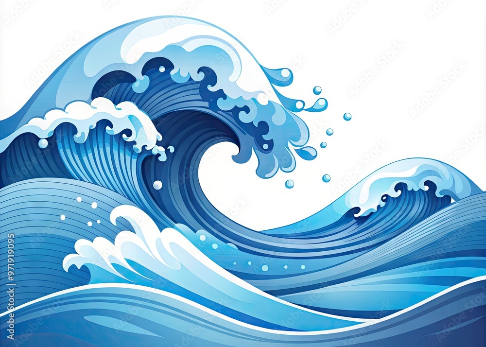 Stylized illustration of a serene ocean wave in shades of blue and white, featuring minimalist geometric shapes and fluid lines on a pure white background. Stylized illustration of a serene ocean wave in shades of blue and white, featuring minimalist geometric shapes and fluid lines on a pure white background.