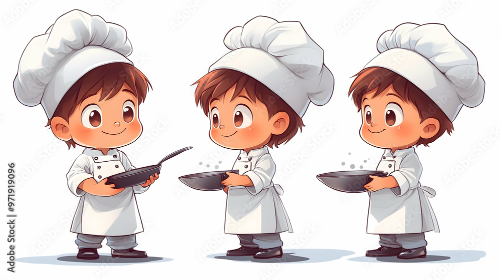 Three adorable cartoon chefs in uniform, holding pans. Three adorable cartoon chefs in uniform, holding pans.