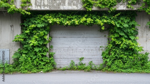 Old garage door covered with thick green ivy on a decaying industrial building. Concept of urban decay, natureâ€™s resilience, and transformation.