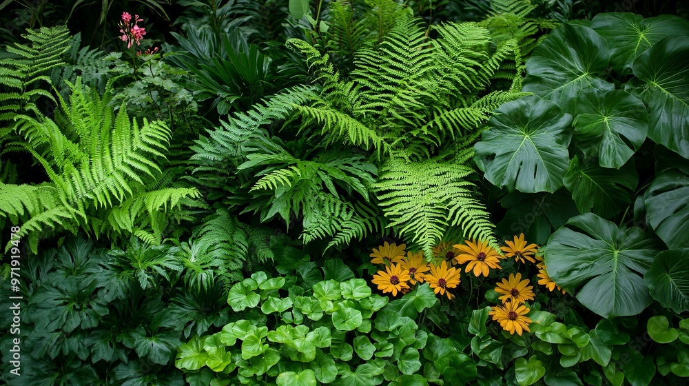 Lush Green Foliage with Yellow Flowers Lush Green Foliage with Yellow Flowers