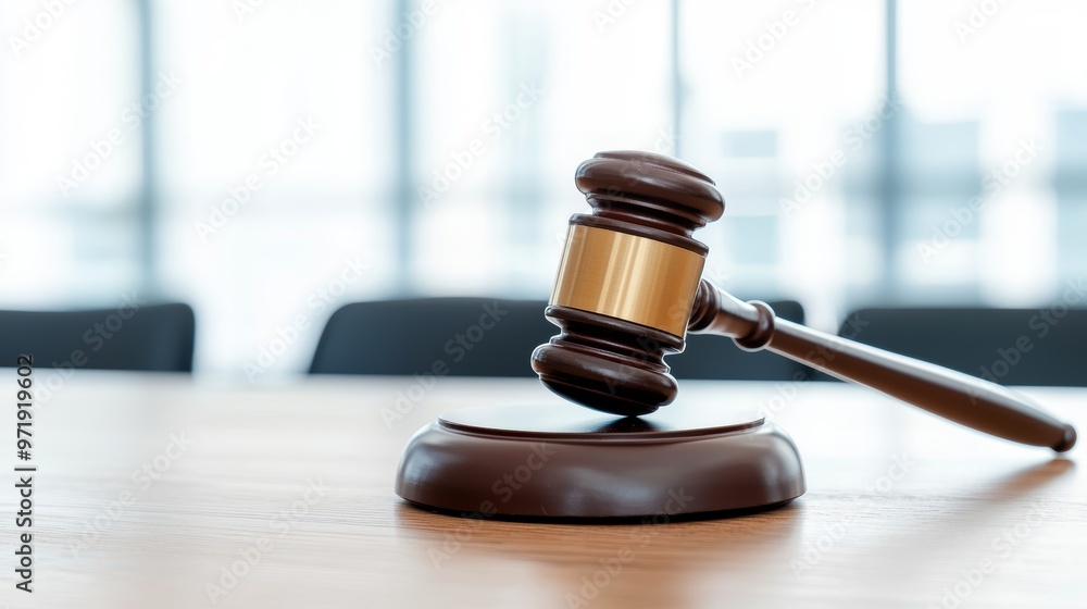 Wooden judge gavel on a desk in a courtroom, symbolizing justice and law. Wooden judge gavel on a desk in a courtroom, symbolizing justice and law.