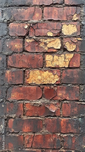 Weathered Brick Wall with Flaking Paint and Cracks