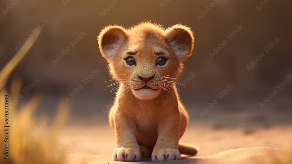 Young lion cub in the wild, looking straight into the camera in the desert, ultra wide angle lens. Young lion cub in the wild, looking straight into the camera in the desert, ultra wide angle lens.