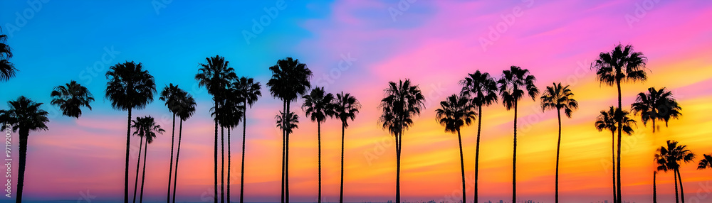 Silhouettes of palm trees against a vibrant sunset sky with pink, orange, and blue hues. Silhouettes of palm trees against a vibrant sunset sky with pink, orange, and blue hues.