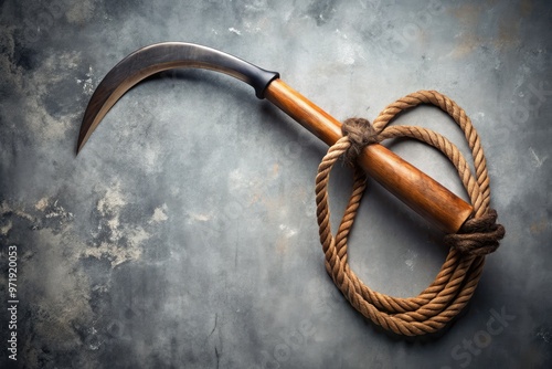 Traditional Japanese hooked sickle attached to a long rope and counterweight, symbolizing martial arts and stealth, against a muted background with subtle texture. photo